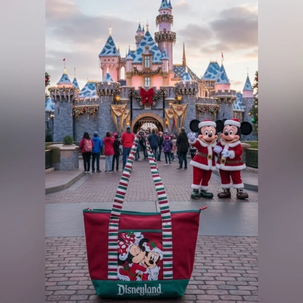 Disneyland Santa Mickey Minnie Mouse Christmas Red Canvas Tote Holiday Bag.